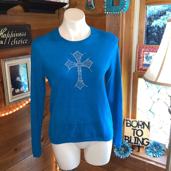 TAYLOR MARCS GORGEOUS TURQUOISE SWEATER CROSS SWAROVSKI SPARKLE DETAIL - Picture 2 of 8